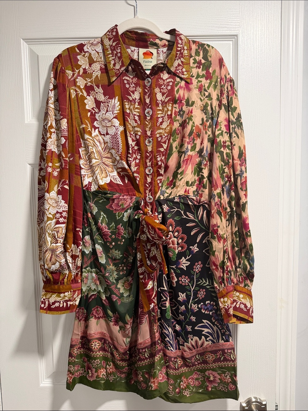 NWT FARM Rio Mixed Floral Patchwork Belted Mini Shirt Dress Small